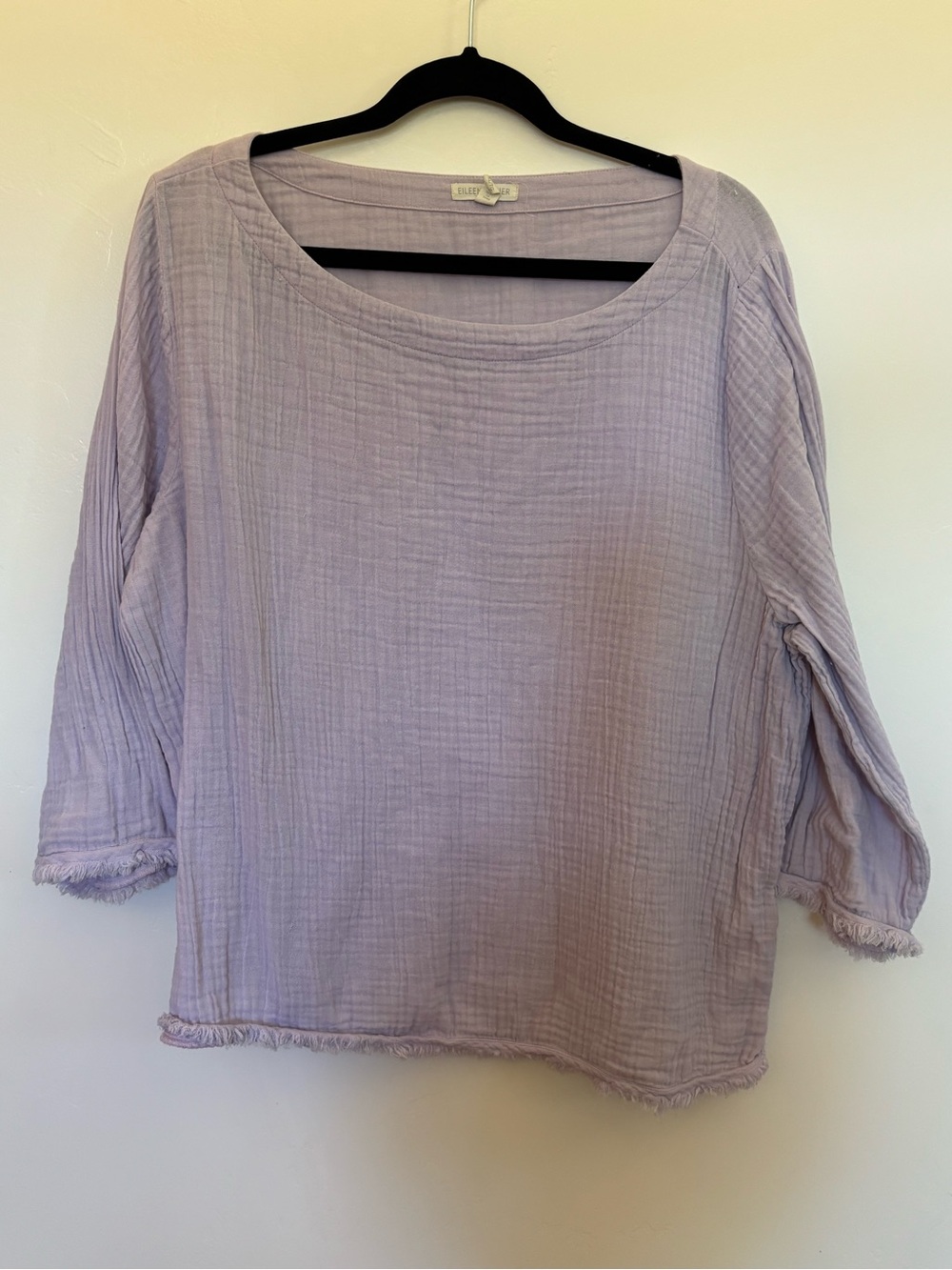 Eileen Fisher Organic Cotton Gauze Lavender Frayed Hem Top XL